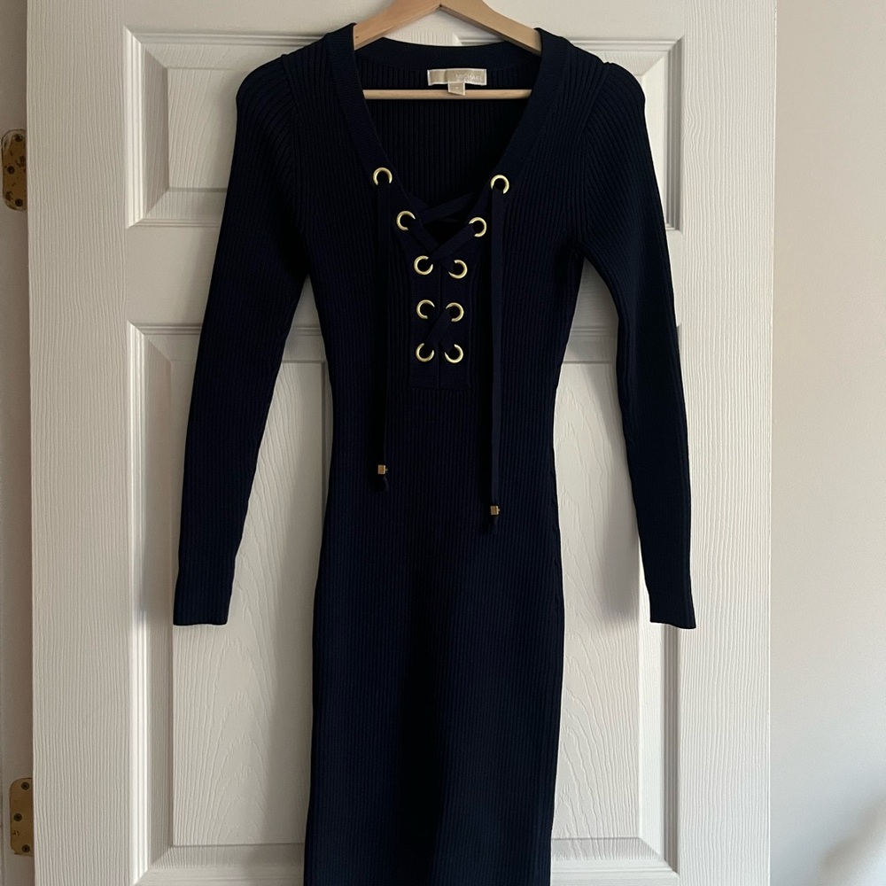 Elegant Navy Lace-Up Dress